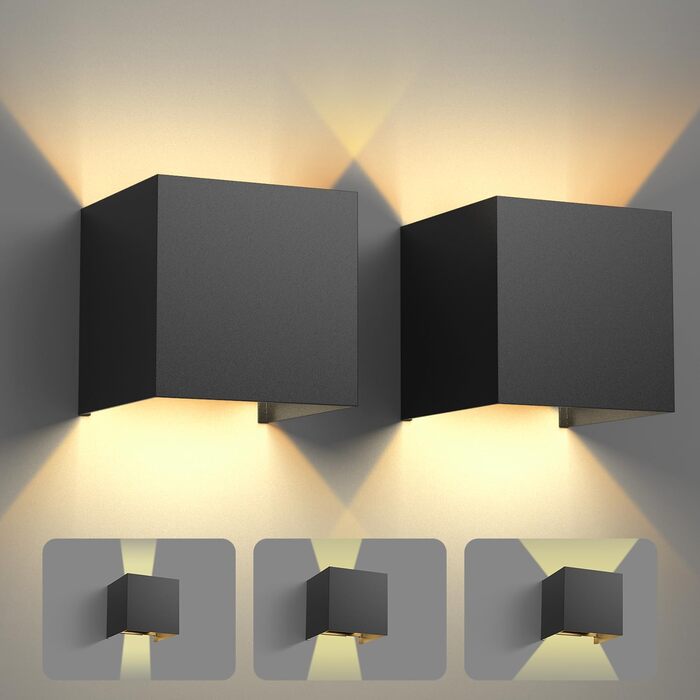 LED настінний світильник 12W, алюмінієвий, регульований кут світла, IP54, тепле біле світло 3000K, для вітальні, спальні, саду, для внутрішнього та зовнішнього використання, 2 шт., колір: білий/чорний