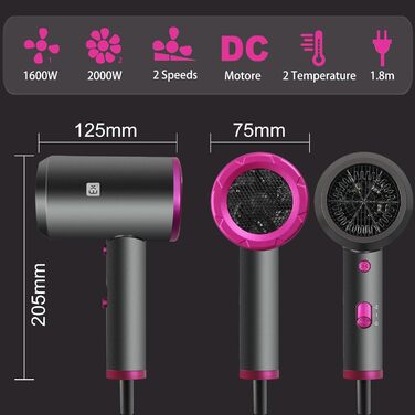 Фен 2000W з 2 режимами температури та 2 швидкостями, насадкою-концентратором, з кнопкою холодного повітря, для дому, салону краси, у подорожі, сірий