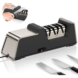 Professional electric knife sharpener with 100% diamond abrasive and precision angle guides. Suitable for double-bevel and serrated knives. Quickly achieves razor-sharp results.