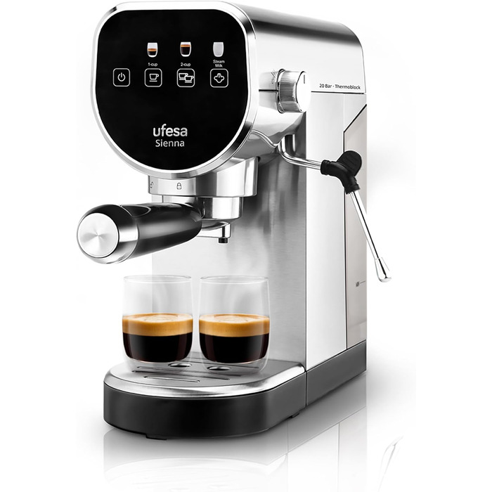 Ufesa Sienna Espresso Machine and Cappuccino Portafilter Machine with Milk Frother, 20 Bar Pressure, Digital Touch Panel, 1360W, for Ground Coffee or ESE Pads, 0.9L Water Tank, Silver