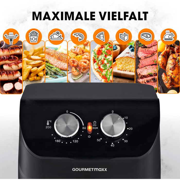 Gourmetmaxx Hot Air Fryer 4 L | Air Fryer with Timer Function & Stainless Steel Heating Element | Practical Preheating & Keep Warm Function | Low Odor, Energy-Saving & Virtually Oil-Free | 1400 W Matte Black 4 Liters