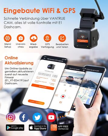 Автомобільний відеореєстратор VANTRUE E1 2.7K Wi-Fi GPS, 2.5K 1440P/60FPS, керування голосом та пультом, нічне бачення HDR, паркувальний режим 24/7, кут 160°, до 512ГБ