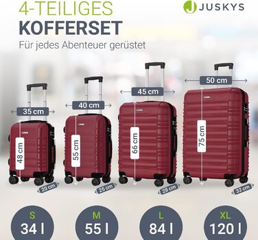 Набір валіз Juskys® Hartschale 4 шт. з кодовим замком, тихі колеса 360°, телескопічна ручка, легкі - червоний колір