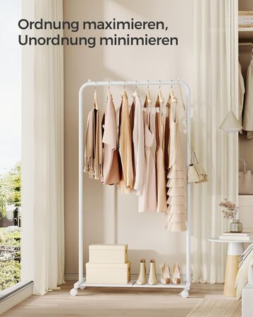 SONGMICS Clothes Rack, Rolling Garment Rack, Metal Wardrobe Stand, Rolling Wardrobe 91 cm wide, with Shelf, 2 Swivel Wheels with Brakes, Rod Loadable up to 40 kg, HSR025A01 (White, 74x40.5x158cm)