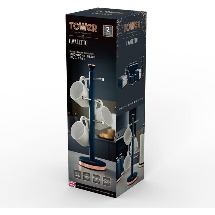 Tower T826132PNK Cavaletto Becherbaum with stainless steel stopper, soft base, Marshmallow Pink and Roségold (Midnight Blue)