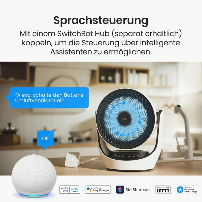 SwitchBot USB вентилятор для столу: тихий, акумуляторний, 4 режими, таймер, сумісний з Alexa/Google/Siri