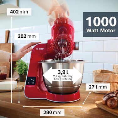 Bosch Kitchen Machine Series 4 MUM5X720, integrated scale, 3.9L stainless steel bowl, 1.25L mixer, professional dough hook, planetary mixing system, whisk, continuous slicer/shredder, 1000 W, Dark Red/Silver. Includes 2 accessories. Single.