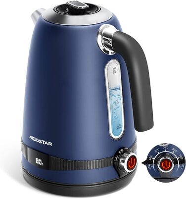 Електричний чайник Aigostar з регулюванням температури, 1,7 л, ретро-дизайн, матове покриття, цифровий дисплей, функція підтримки тепла, без пластику всередині, BPA-free (темно-синій)