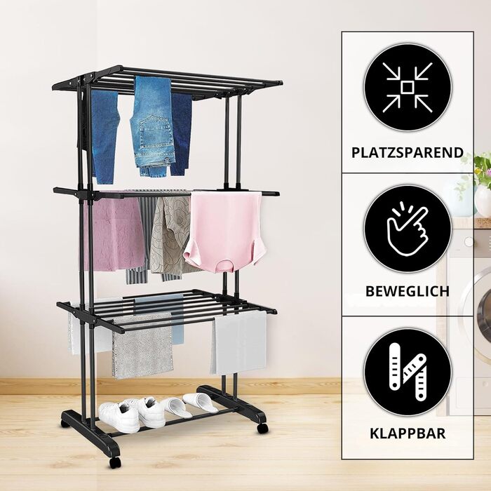 Воніа - сушилка для білизни на колесах, металева, 3 яруси, 6 розкладних крил, 72 x 50 x 172 см, для дому та саду