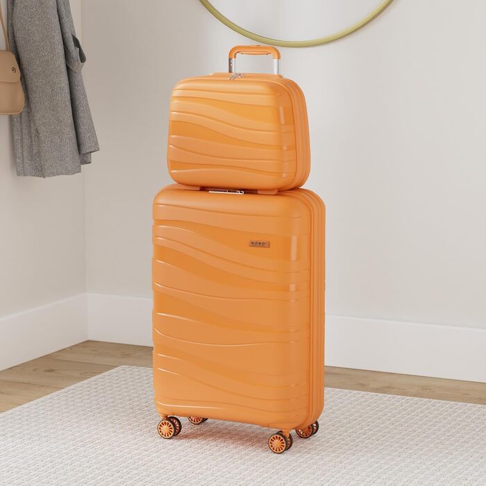 Набір валіз KONO 2 шт: велика валіза-тролі 55 см + косметичка з поліпропілену, 4 колеса, TSA-замок (Оранжевий)
