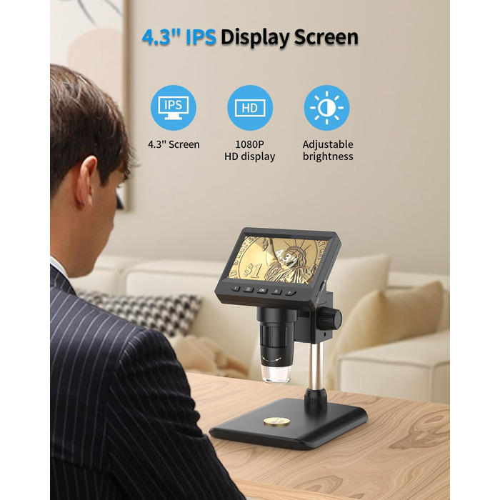 Цифровий мікроскоп AOPICK з LCD екраном, 50X-500X, 4.3 дюйма, 1080P, USB, 8 LED, для дорослих/дітей, сумісний з MacOS/Windows (чорний)