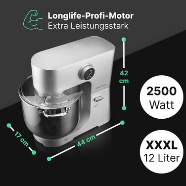 Кухонна машина ProfiCook KM 1254 з великою чашею 12л, потужний 2500W мотор, металеве редуктор та LED-дисплей | Харчовий процесор для тіста до 8,5 кг, 13 швидкостей
