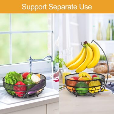 Двоярусна підставка для фруктів з кріпленням для бананів, чорна, з металевою мискою