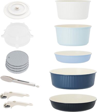 RIOVARM Induction Cookware Set with Removable Handles - Nonstick Granite Stackable Pots and Pans Set with Silicone Lids - PFOA Free, Space-Saving Cookware Set - Includes Fry Pan & Casseroles (Graduated Blue)