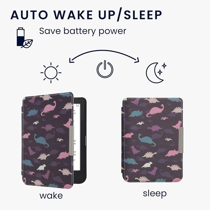 Чохол-книжка kwmobile для Kobo Clara 2E / Tolino Shine 4 - з візерунком єгипетських ієрогліфів, золото-чорний (різнобарвні динозаври, фіолетовий, жовтий, блакитний)