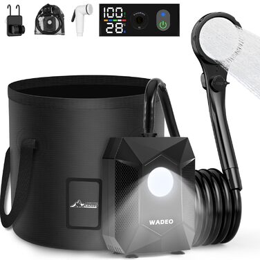 Портативна душова кабіна WADEO з акумулятором, насосом та підсвічуванням, 120 хвилин роботи, LED-підсвічування, комплект мобільної душової з 2м шлангом, душовою насадкою, тримачем та відром для душу, для саду, миття авто, тварин, пляжу, подорожей, чорного