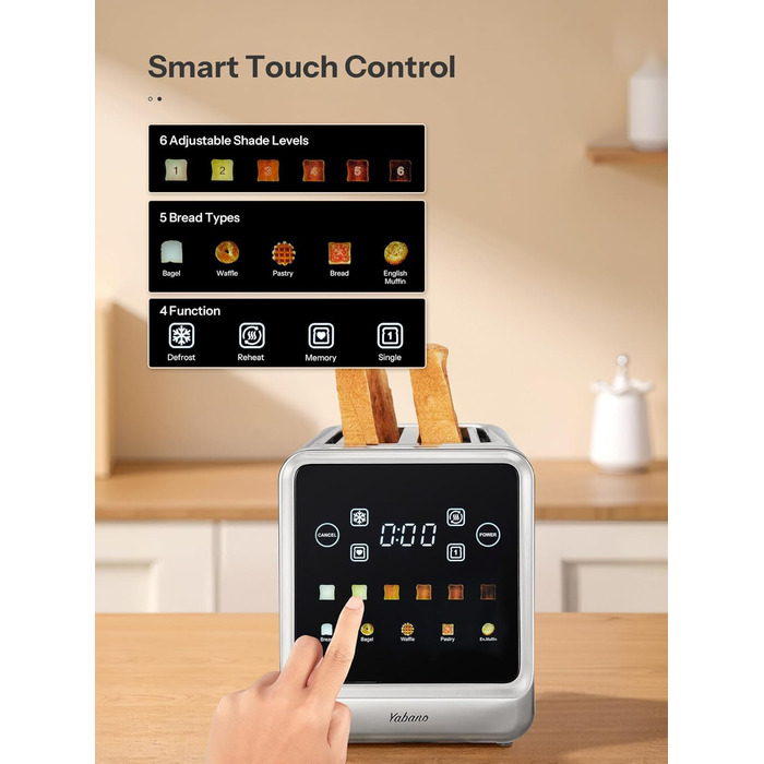 Тостер з нержавіючої сталі з сенсорним екраном та функцією пам'яті, 4-х слайсова модель з 6 рівнями підсмажування та 5 режимами для хліба, функціями розморожування та підігріву, технологією Single Slot