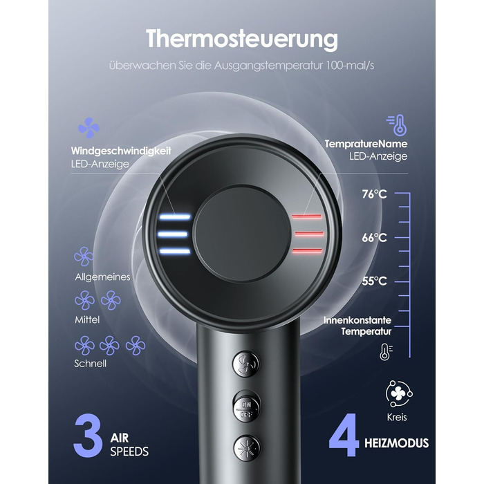 Іонізатор волосся Bopcal, 160000 об/хв, 500 млн іонів, з насадкою-дифузором, професійний фен для дому, салону, подорожей, 12 режимів, чорний