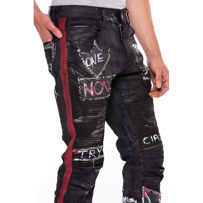 Чоловічі джинси Cipo & Baxx Straight Fit Denim Rockig Design Ripped Biker W38 L32 Чорні