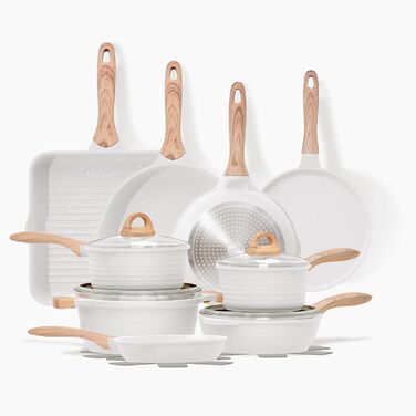 JEETEE 23-Piece Cookware Set with Non-Stick Granite Coating, Induction Cookware Set, Cookware Set with Lids, Frying Pan, Saucepan, Grill Pan, Cookware & Crepe Pan, Beige