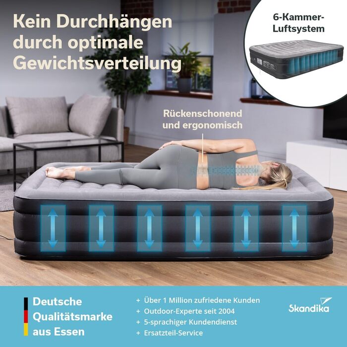 Надувна повітряна матрац Skandika Sveja | Матрац для кемпінгу, самонадувний з насосом, 204 x 151 x 43 см, вантажопідйомність 300 кг, сумка для перенесення | Матраци, намети, кемпінг (2 особи, мережевий адаптер & Smart Air)