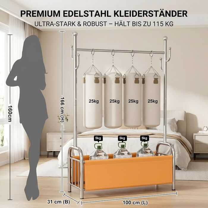 Вішалка для одягу з нержавіючої сталі з кошиком для білизни, міцна, витримує до 115 кг, 3-в-1, для спальні, коридору - UP01