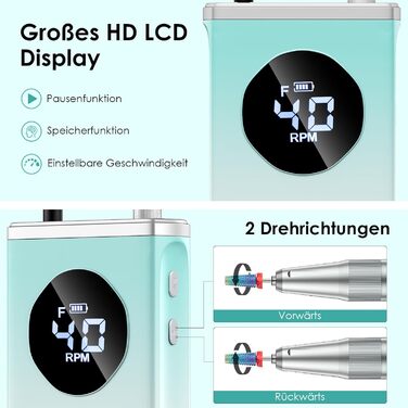 Електричний фрезер для манікюру та педикюру Profi Set 16 в 1 з LCD дисплеєм, 40000 об/хв, F/R, для гелевих нігтів, портативний, фіолетовий, блакитний, білий