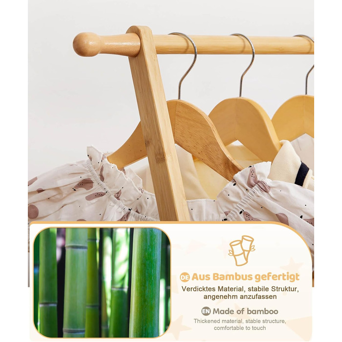 Дитяча вішалка для одягу Yorbay з бамбука, регульована подвійна штанга, з полицями для зберігання, економія місця, натуральний колір