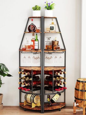 Стеллаж для вина Nisorpa на 12 пляшок, 5-ярусний кутовий, з тримачем для келихів, вінтажний коричнево-чорний