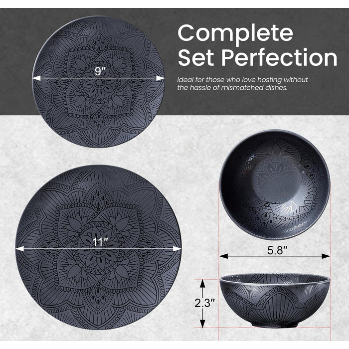 Набір тарілок та мисок Bzyoo з меламіну, 4 шт., чорний, La la Mandala. Без BPA, придатний для миття в посудомийній машині.