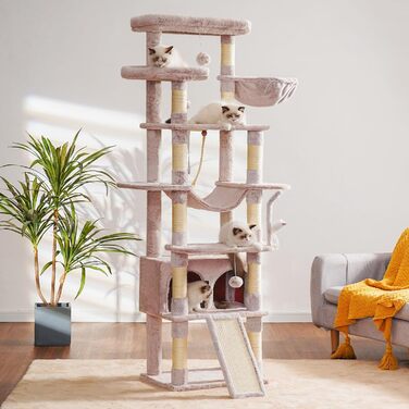 Багатоповерховий котячий будиночок Heybly Kratzbaum HCT033G, бежевий, 200 см, з 11 стовпчиками для шліфування, платформами, гамаком, печерою та іграшками
