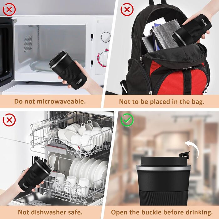 Термокружка KETIEE 380мл з нержавіючої сталі, 13oz, з кришкою, для кави з собою, чорна