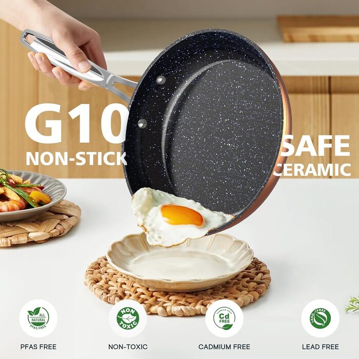 Набір сковорідок Nuwave 3 шт. з нержавіючої сталі, ковані, легкі, 20.3 см, 25.4 см, 30.5 см, покриття G10 Healthy Duralon Blue Ceramic Ultra Antihaft, ергономічні ручки, індукційні, антипригарні, рустикальне мідне покриття