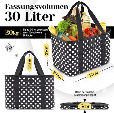 Foldable Shopping Basket in Premium Quality | Shopping Bag with Soft PU Leather Handle | Ideal Shopping Basket with 30 Liter Capacity | Sturdy & Secure Shopping Bag (Black/White Dotted)