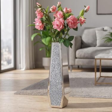 Ваза для квітів велика 68 см: срібна ваза з кристалами для пампас трави, скляна ваза з дзеркальним покриттям та блискітками, декоративна ваза для вітальні, інтер'єру – без підставки для води, 16L x 68H см