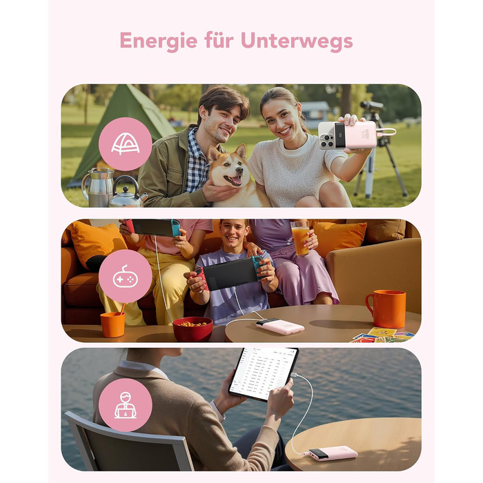 Повербанк VEGER 10000mAh 22.5W з вбудованим кабелем USB-C, рожевий