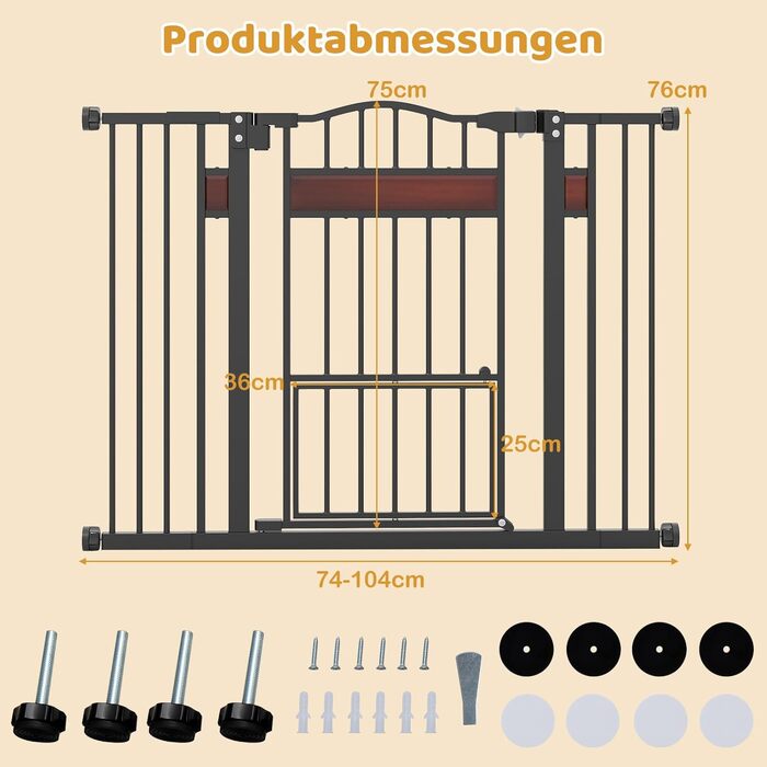 Захист для дверей Costway для собак, 74-104 см, 76 см висота, з маленькими дверцятами, 2 розширення, автозакривання та подвійний замок, без свердління, розсувне захисне ґратка для собак (Білий/Чорний)