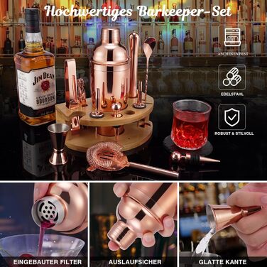 Набір шейкер для коктейлів Barkeeper Set з підставкою, нержавіюча сталь, професійний барний інструмент (рожеве золото)