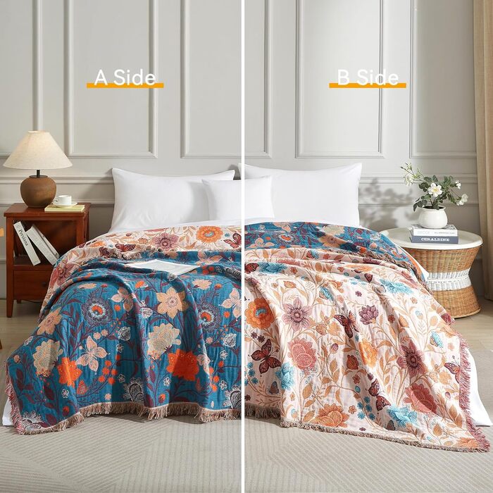 Богемна ковдра Boho з 100% бавовни, м'яка двостороння муслінова ковдра 150x200 см, плед для дивану та ліжка, декоративна patchwork ковдра, літня ковдра для вітальні, зелено-бежева (200 x 230 см, Blumentanz)