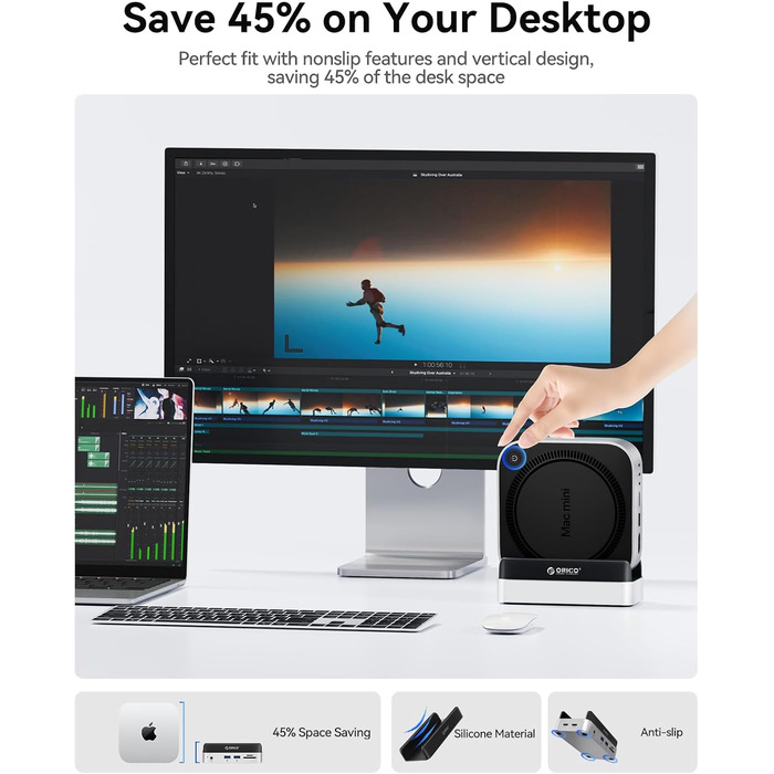 ORICO MiniDock: Док-станція та підставка для Mac mini M4/M4 Pro з корпусом для NVMe SSD, хаб USB-C з 4K HDMI, DisplayPort, SD/TF 3.0, USB-C/A 10Gbps, PD 100W - VS10 (6-in-1, 2TB)