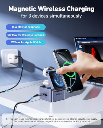 BENFEI 3-в-1 Станція зарядки MagSafe з USB-C хабом – для iPhone 16/15/14/13/12, Apple Watch та AirPods. HDMI (4K@60Hz), 100W PD, 2x USB 3.0 (5Gbps)