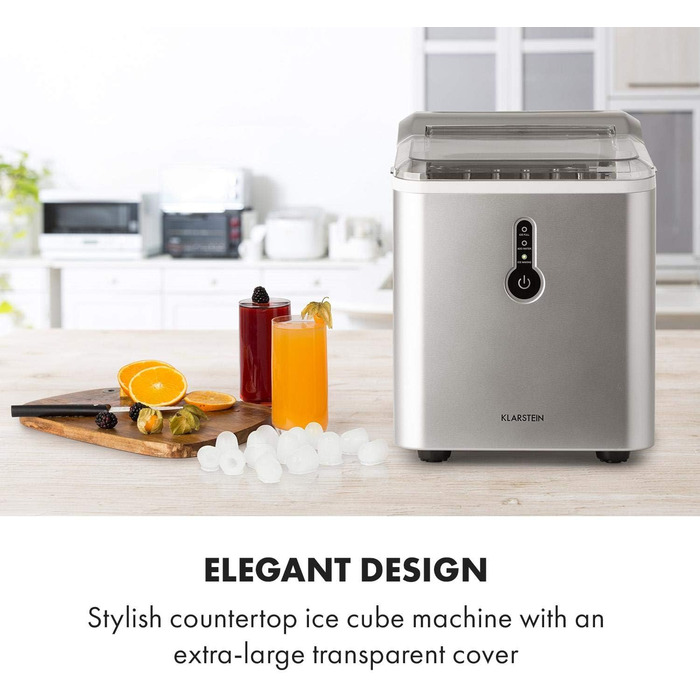 Машина для приготування льоду Klarstein Eiswürfelmaschine - 12 кг/24 год, 8 хв цикл, 1,5 л резервуар, LED-дисплеї, портативна, з прозорим кришкою, з лопаткою - для вечірок (срібна)