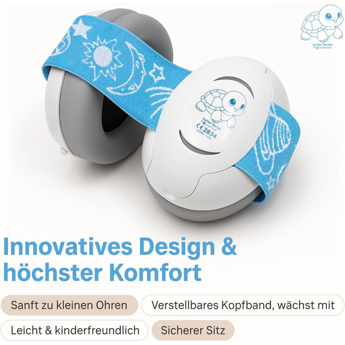 Навушники для захисту вух дитини 3-6 років - комфортні, сертифіковані CE, білий/блакитний. Захист від шуму для концертів, подорожей та повсякденного використання. Без тиску на велике джерельце.