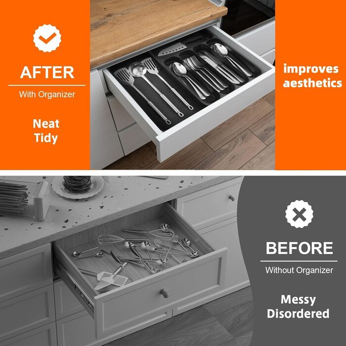 Органайзер для столових приладів висувний, 6 відділень, чорний пластик – регульоване кухонне зберігання для посуду та ножів