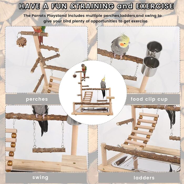 Canary Play Stand Bird Play Stand with Feeder Cup Toy Ladder Climbing Swing and Tray for Budgies, Cockatiels, Parrots, Wood, Size 45x37x26 cm #A