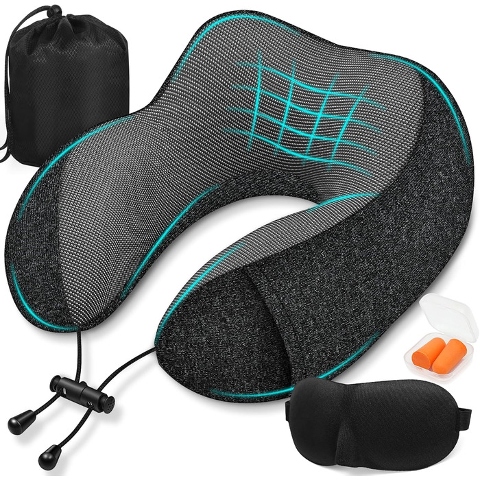 Подушка для шиї у літак - 100% Memory Foam - Зручна подушка для подорожей - з 3D-маскою для сну та навушниками - Ідеально для літака, авто, дому, офісу, чорна