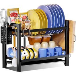 Сушарка для посуду MAISITOO з 2 ярусами, з нержавіючої сталі, велика місткість, з підставкою для обрізання, тримачем для столових приборів та гачками, чорна