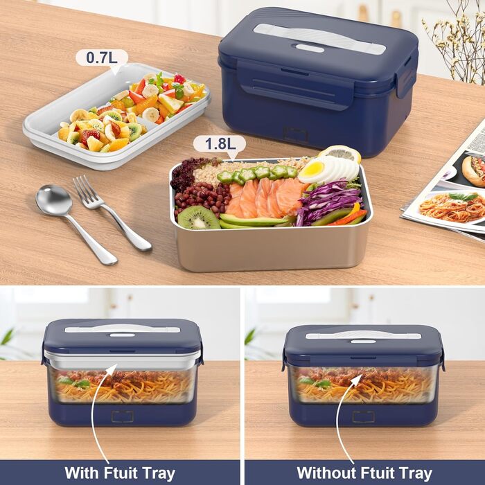 Електрична ланчбокс 100W для дорослих, 3-в-1, 12/24/220V з термоізоляцією, Besteck та ізольованою сумкою, 1.8L, для авто, офісу, синій