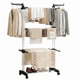 Сушарка для білизни Tower з колесами | 4-ярусна сушарка з нержавіючої сталі з 6 відкидними крилами та 2 боковими сторонами | 76x50x172 см | Компактна, складна для балкона, ванної кімнати та саду | Чорний