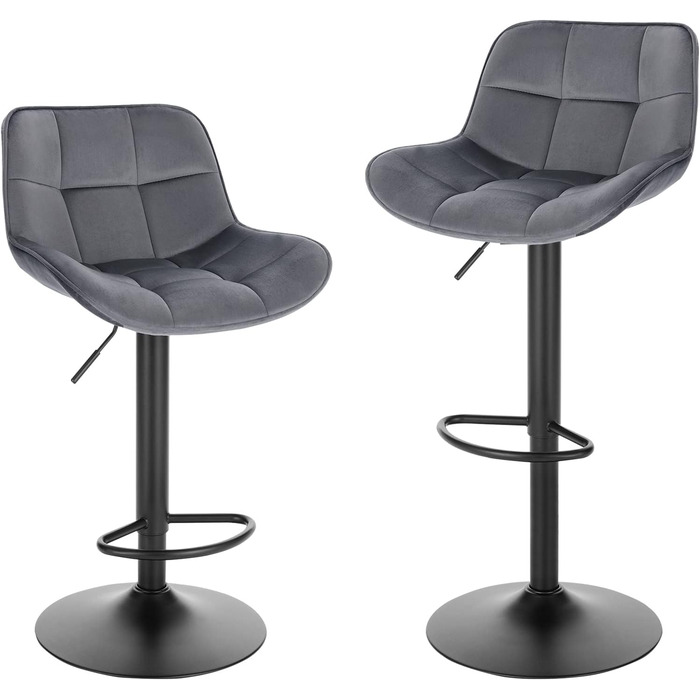 EUGAD Adjustable Bar Stools 2-Pack - 360° Swivel, Backrest, Footrest, Velvet Upholstery, Metal Frame - Dark Grey